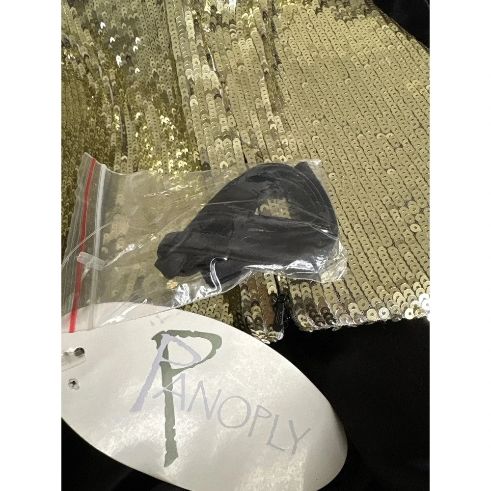 Vintage y2k PANOPLY Gold Sequin Strapless Black Ruffle High Low Gown Size 6 NWT - Picture 11 of 12